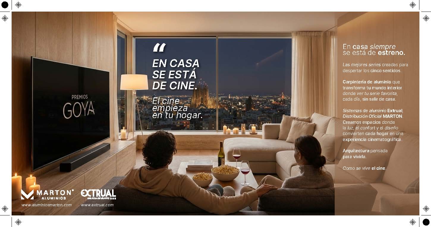 Imagen creativa de MARTON que relaciona el cine y la arquitectura a través de la carpintería de aluminio en Barcelona con motivo de los Premios Goya y el Congreso Mundial de Arquitectura 2026.