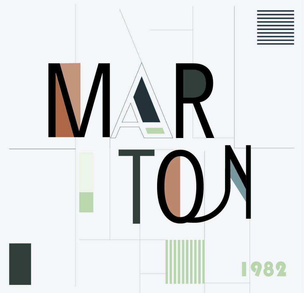 Gráfica de estilo abstracto y constructivista con el texto "MARTON 1982" usando colores de la gama Colorium.