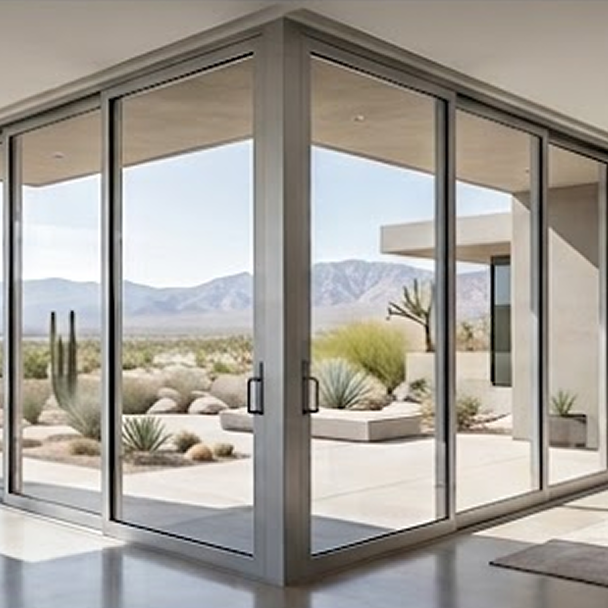 Vista interior de un salón moderno con amplios ventanales de aluminio anodizado formando una esquina a 90 grados, con vistas despejadas a un paisaje desértico y montañoso.