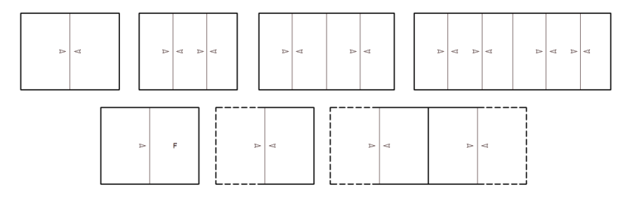 Gráficos de apertura para el sistema E-150 mostrando configuraciones de correderas estándar, con paños fijos y hojas ocultas.