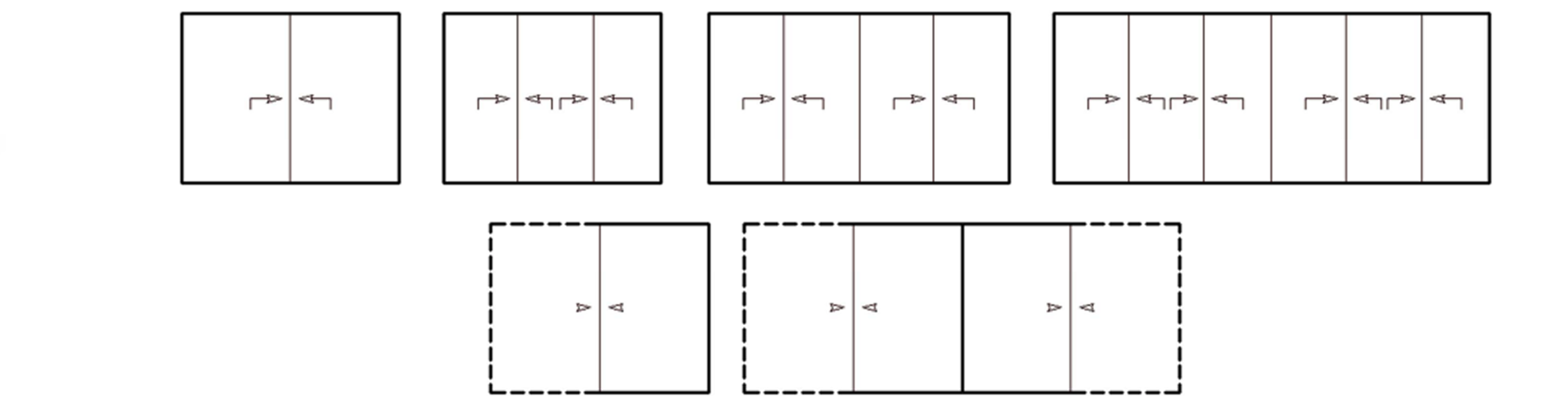 Esquemas de apertura para ventanas y puertas correderas Serie E-60, mostrando combinaciones de hasta seis hojas y opciones empotradas.