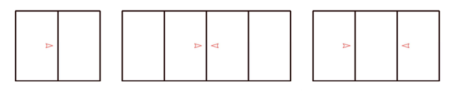 Tres esquemas de ventanas correderas de dos y tres hojas con indicación del sentido de desplazamiento para la Serie E-130.