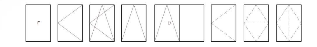 Esquemas de apertura con múltiples hojas plegables y practicables para puertas de la Serie 65 con canal 16.