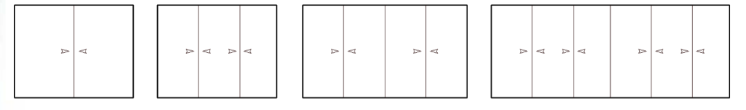 Diagramas esquemáticos que muestran configuraciones de ventanas correderas desde dos hasta seis hojas para el sistema Serie E-80.