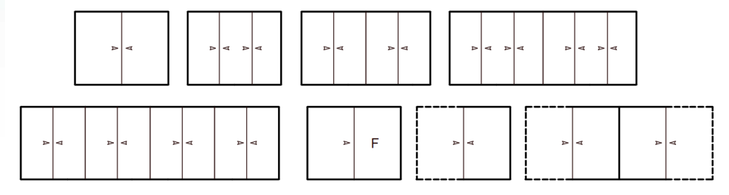 Amplio conjunto de diagramas que muestran configuraciones de correderas desde dos hasta múltiples hojas para la Serie E-140.