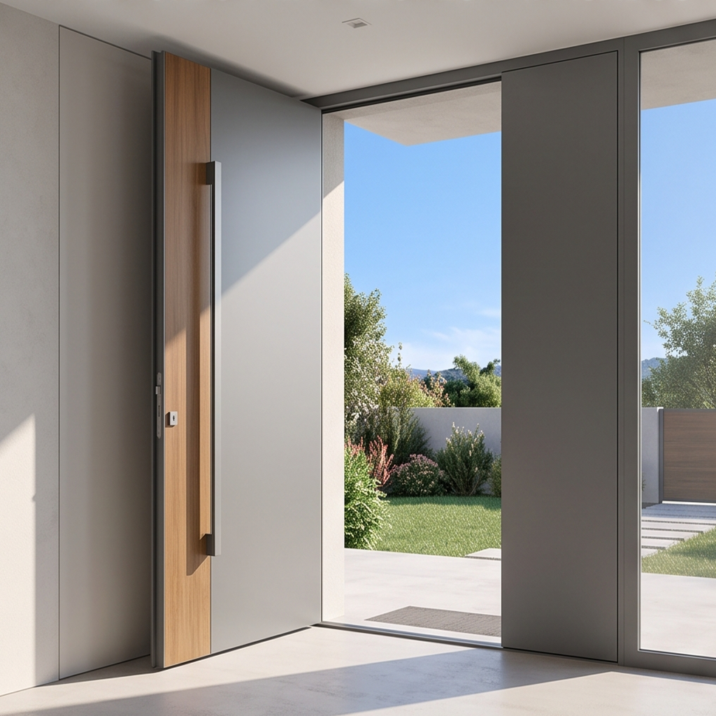 Puerta moderna de gran formato abierta hacia el exterior, combinando una estructura de aluminio gris y un gran panel liso de madera con un largo tirador vertical