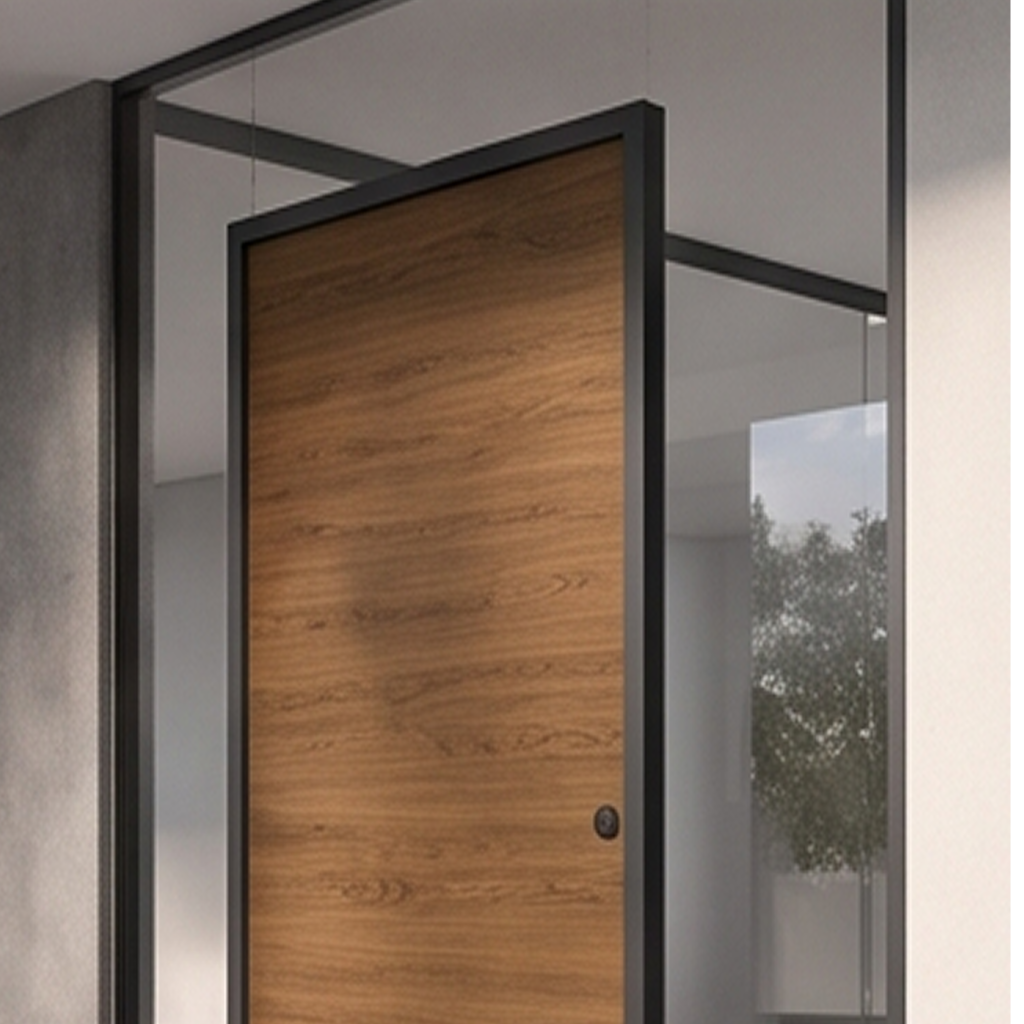 Detalle interior de una puerta de diseño de vaivén con panel liso efecto madera enmarcada en una perfilería de aluminio negro de la Serie E-90.