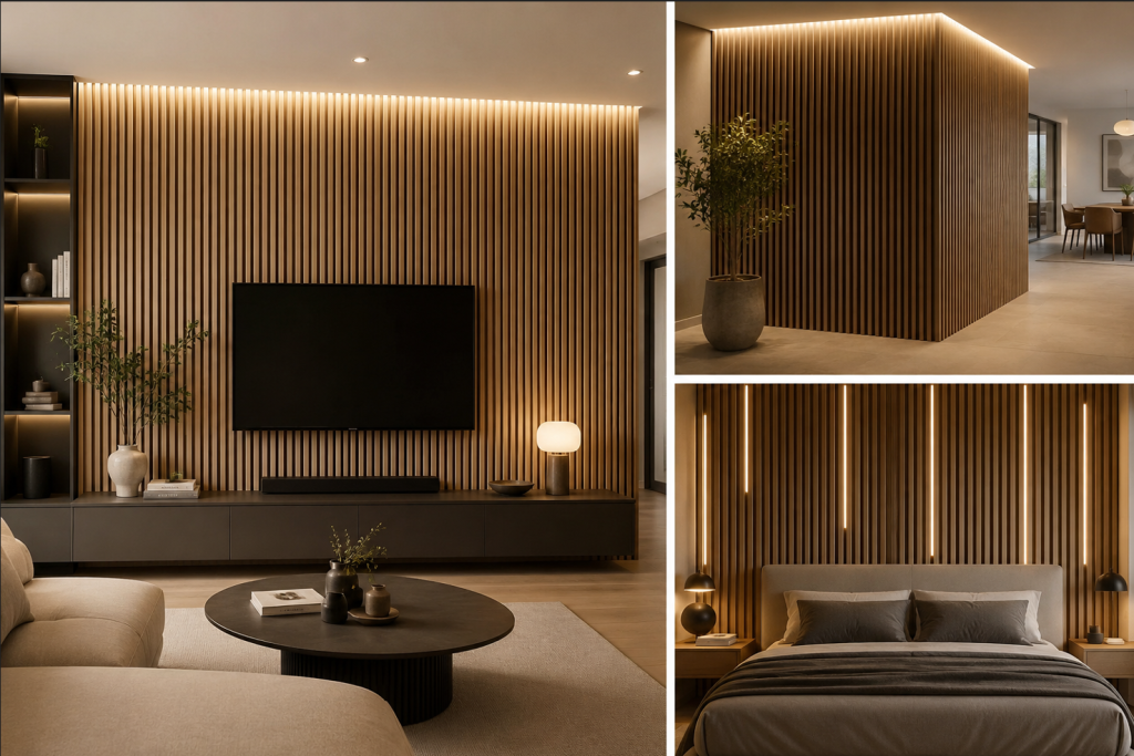 Tres imágenes de diseño de interiores mostrando revestimientos de pared con palillería de aluminio Serie 170 iluminada con LED cálido