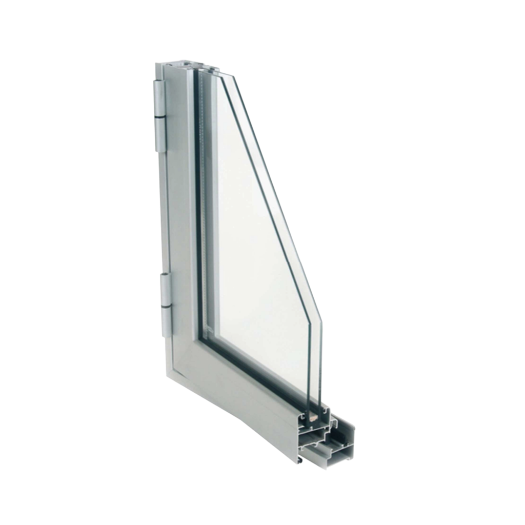 Sección en esquina de un perfil de aluminio para ventana practicable de la Serie E-28 en acabado lacado blanco.