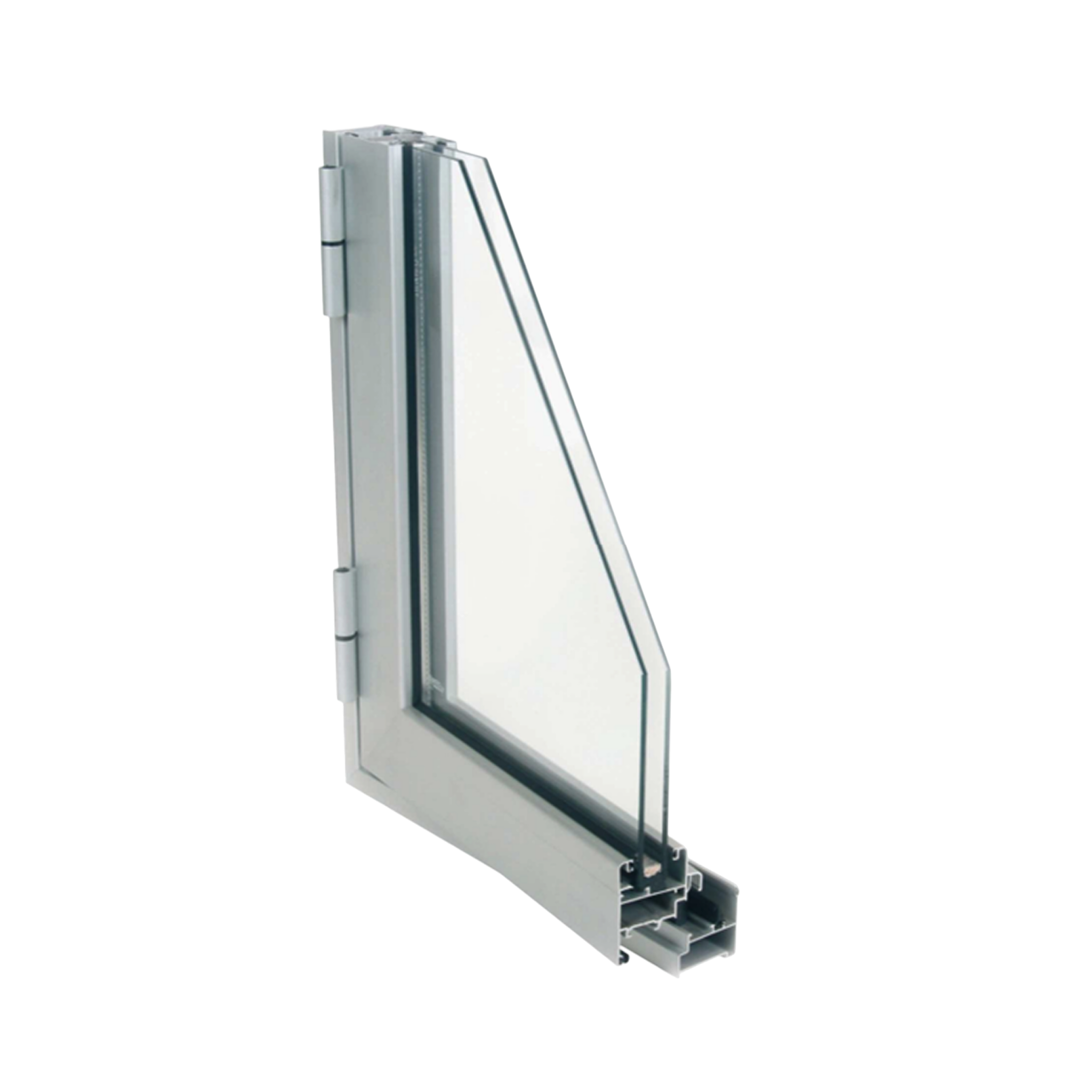 Sección en esquina de un perfil de aluminio para ventana practicable de la Serie E-28 en acabado lacado blanco.