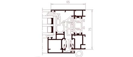 Sección Constructiva Serie E-75 HO (Hoja Oculta) - Aluminios Marton. Plano CAD de la sección transversal del sistema practicable de Hoja Oculta Serie E-75 HO, con 75 mm de profundidad de marco.
