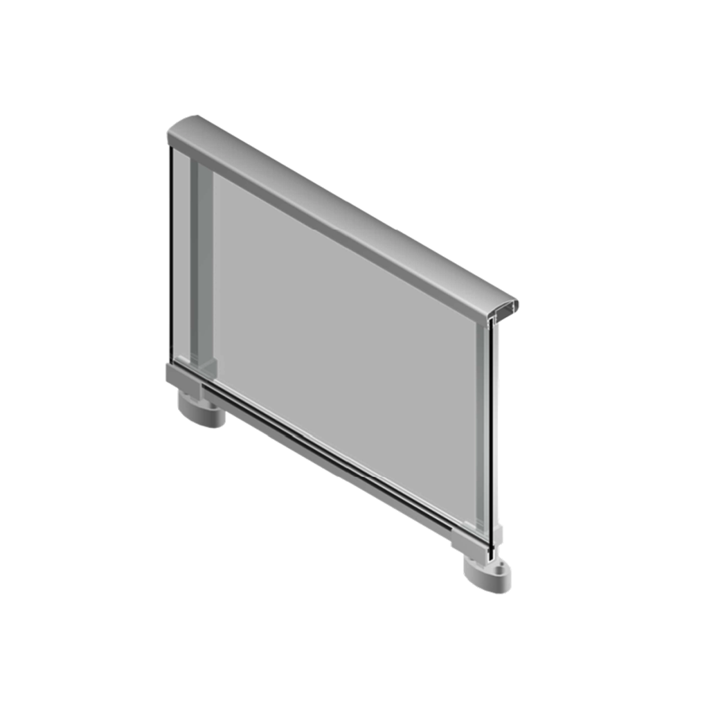 Detalle en 3D de una sección de barandilla Serie 50 mostrando un pasamanos superior ovalado, un panel de vidrio y soportes de anclaje a suelo en aluminio extruido