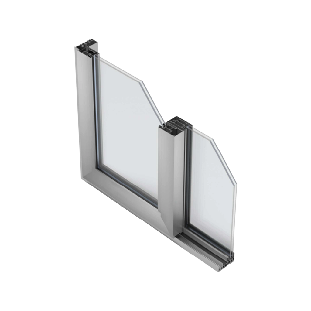 Detalle de sección técnica en 3D del perfil de puerta corredera Serie E-130 en acabado plata, mostrando el nudo central de cruce recto y el acristalamiento doble.