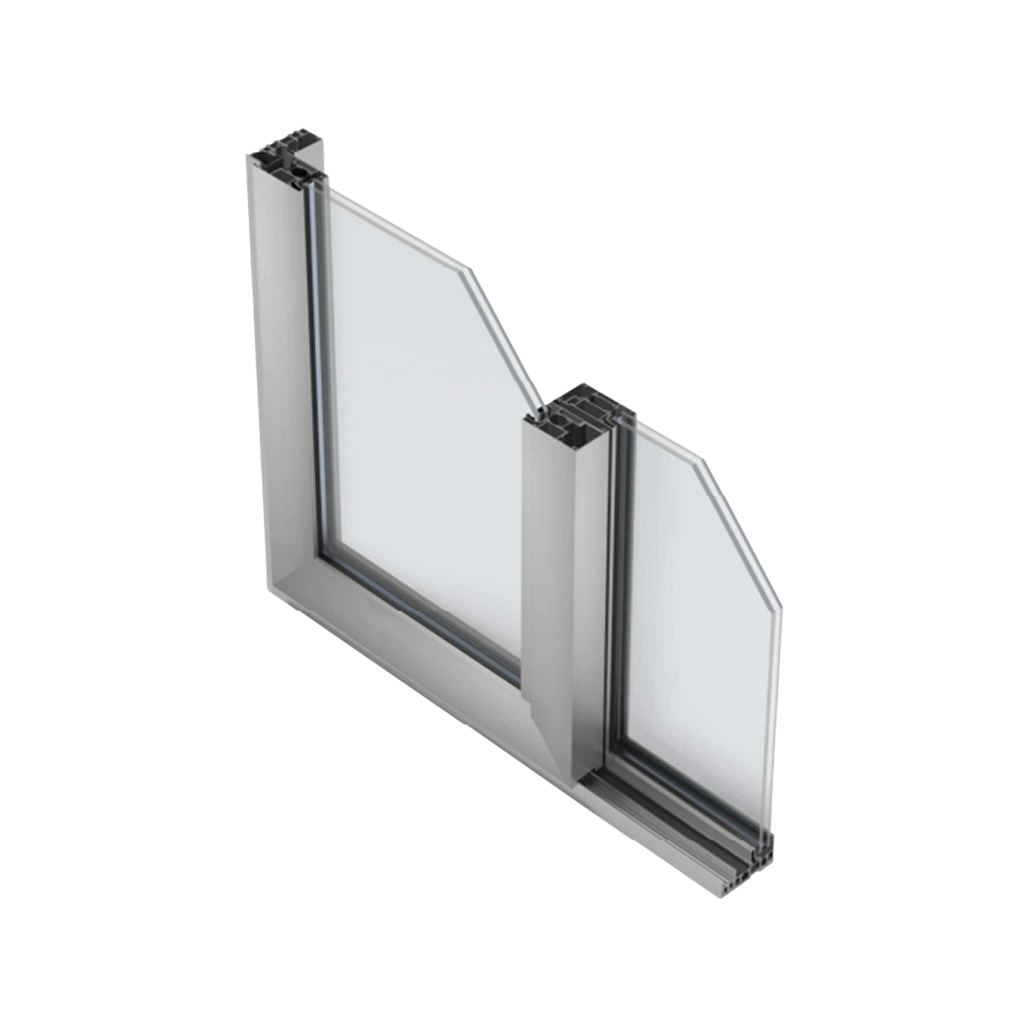 Detalle de sección técnica en 3D del perfil de puerta corredera Serie E-130 en acabado plata, mostrando el nudo central de cruce recto y el acristalamiento doble.