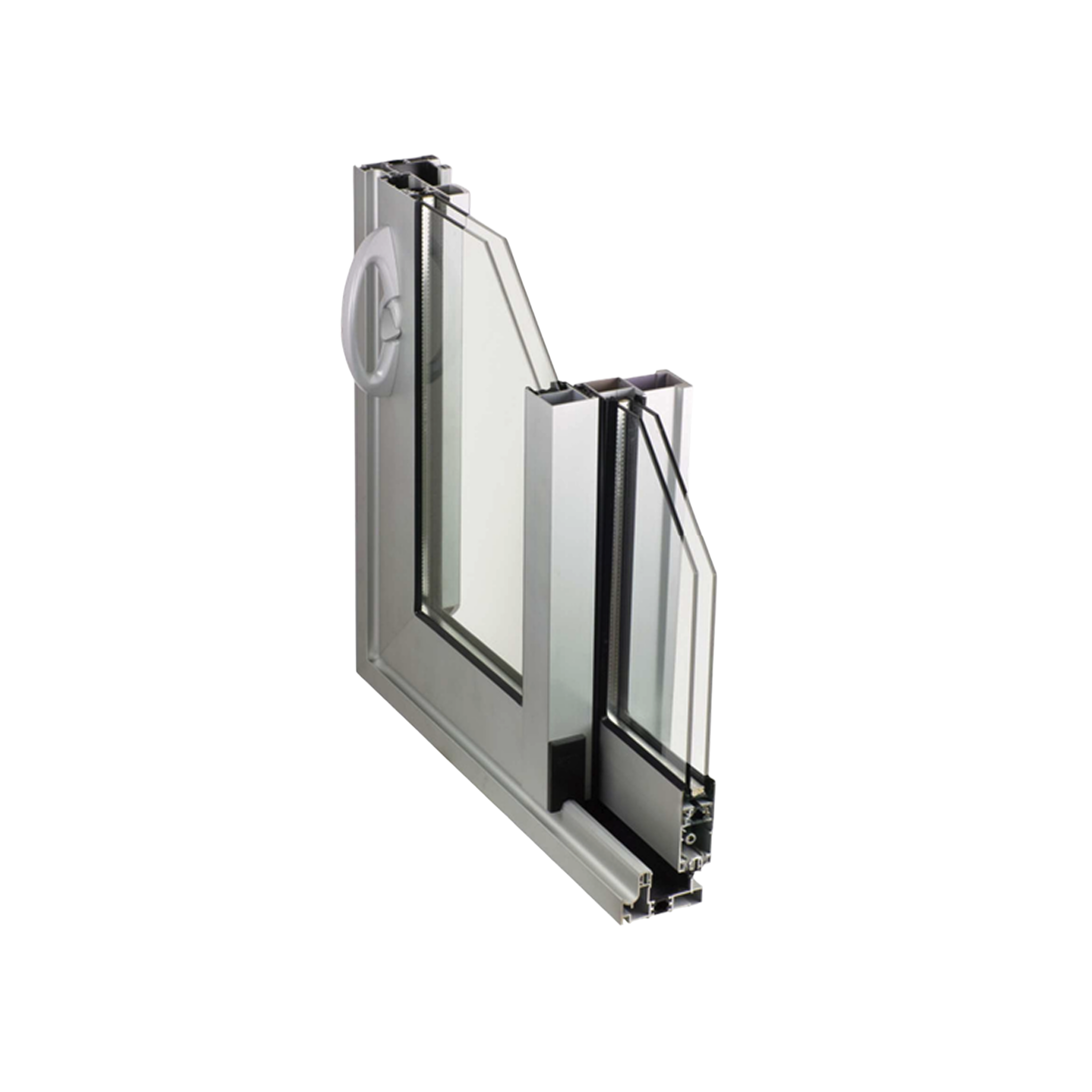 Sección en esquina de un perfil de puerta corredera de la Serie E-75 en acabado plata, mostrando el ensamblaje de la hoja perimetral, la rotura de puente térmico y la robusta manilla ergonómica.