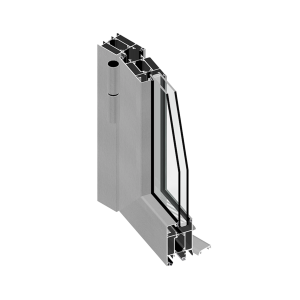 Sección técnica transversal en esquina de una puerta de aluminio Serie E-90 en acabado plata, mostrando el diseño coplanar y la rotura de puente térmico.