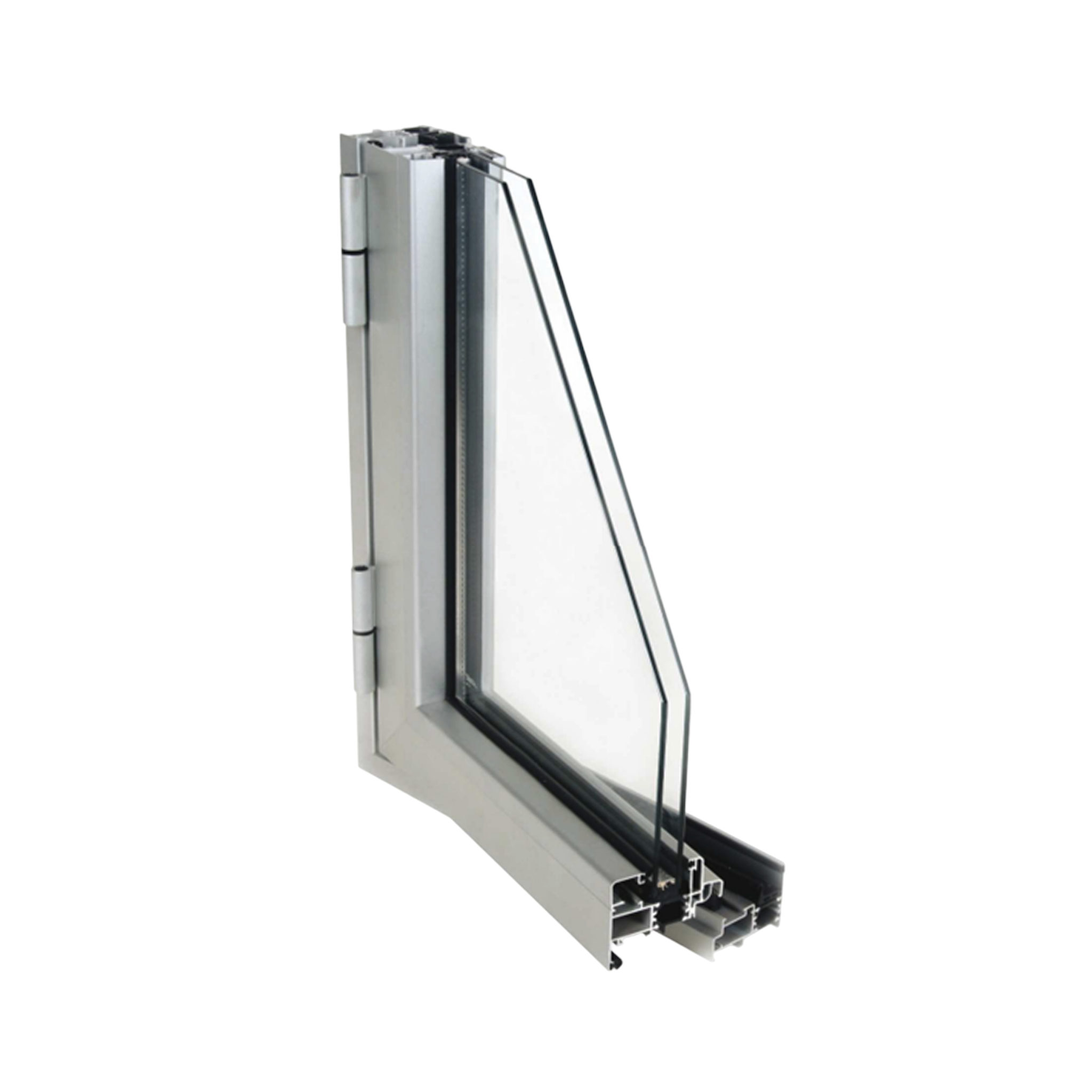 Sección en esquina de un perfil de aluminio para ventana practicable de la Serie E-36 con rotura de puente térmico y un marco de 54 mm.