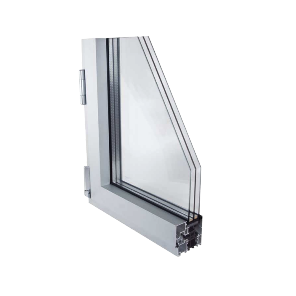 Sección técnica transversal de un perfil practicable de la Serie E-75 HO/C16 en aluminio blanco, con diseño de hoja oculta y canal de herraje de 16 mm.