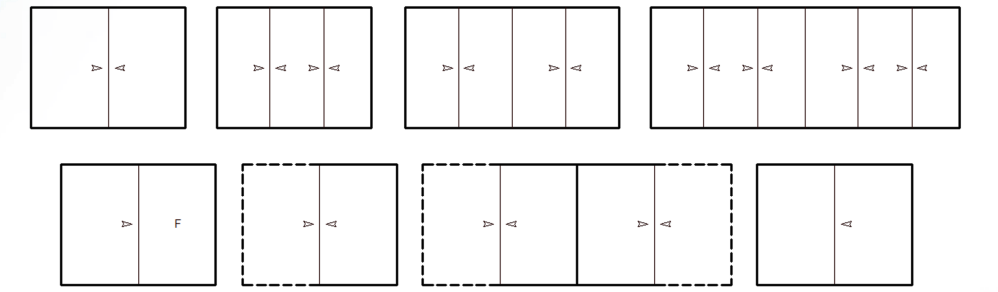 Múltiples diagramas de apertura para el sistema practicable Serie 75, combinando hojas móviles y fijas.