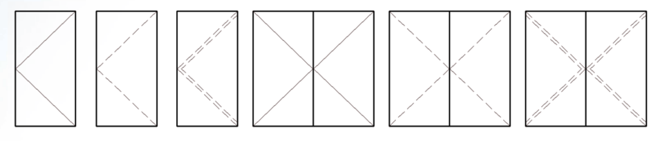 Esquemas gráficos que definen las aperturas practicables y oscilobatientes, tanto de una como de doble hoja, para la Serie E-90.