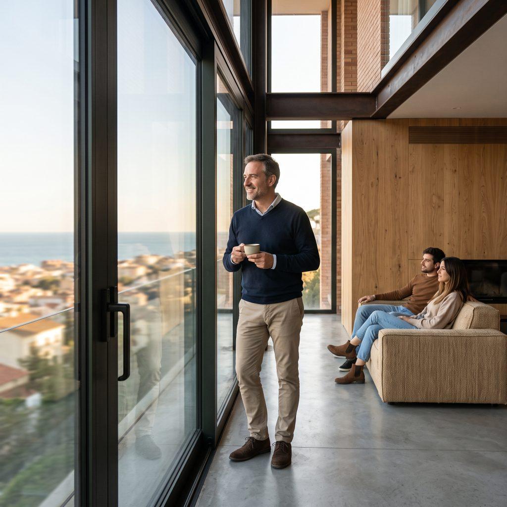 Confort Acústico para Proyectos de Inversión - Aluminios Marton. Inversor relajado con una taza de café frente a un gran ventanal de aluminio que aísla acústicamente el interior de la vivienda.
