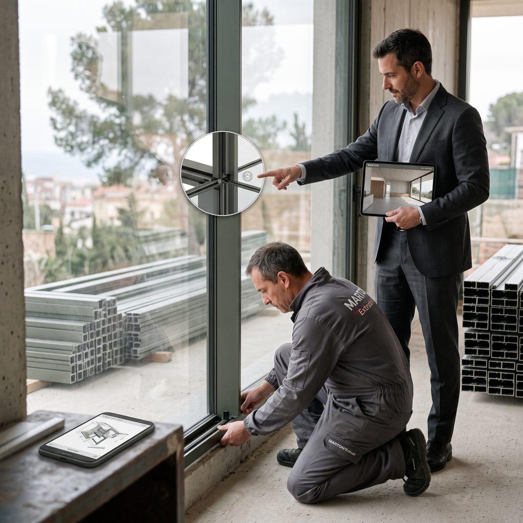 Arquitecto con una tablet señalando el perfil de un ventanal de alta eficiencia a un instalador de Aluminios Marton durante una obra.