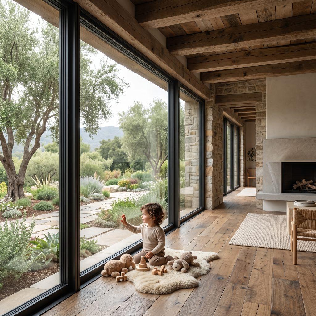 Seguridad y Tranquilidad en el Hogar con Ventanales de Aluminio - Aluminios Marton. Niño pequeño jugando seguro en el interior de una casa junto a un gran ventanal minimalista de aluminio con vistas al jardín.