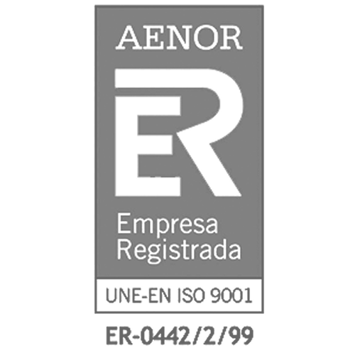 Logotipo vertical de AENOR Empresa Registrada bajo la norma UNE-EN ISO 9001, registro ER-0442/2/99.