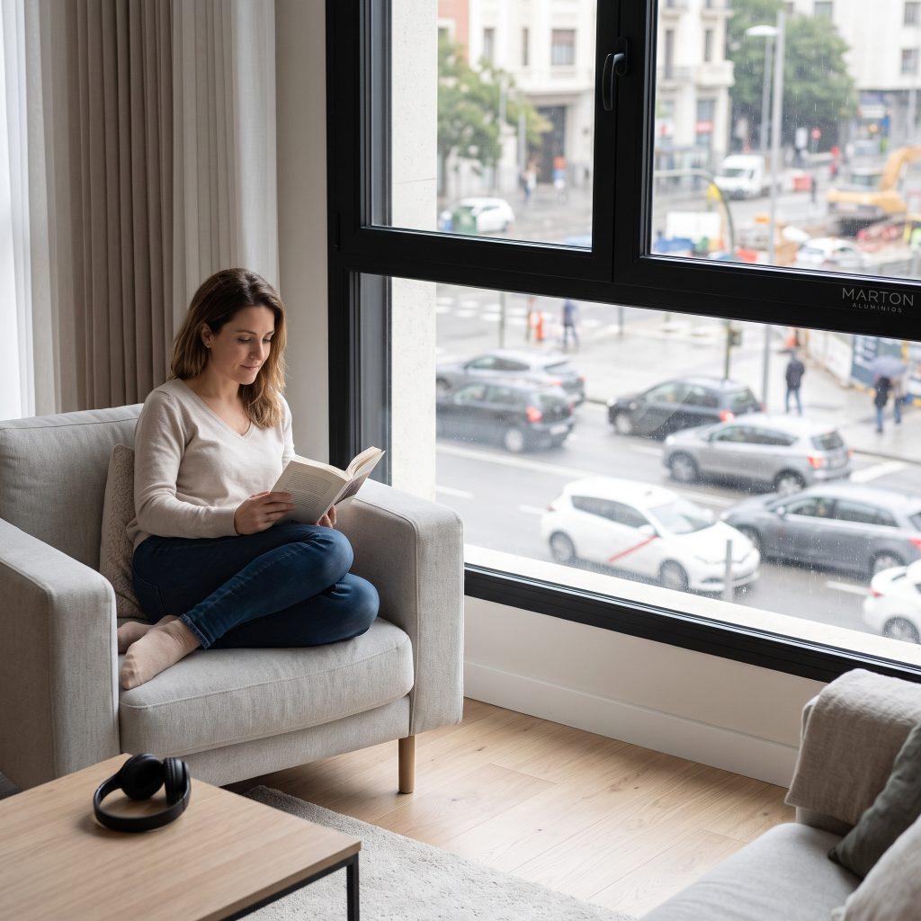 Tranquilidad Absoluta con Ventanas Insonorizadas - Aluminios Marton. Mujer leyendo tranquilamente en un sillón junto a una ventana de aluminio oscuro que bloquea el ruido del tráfico exterior