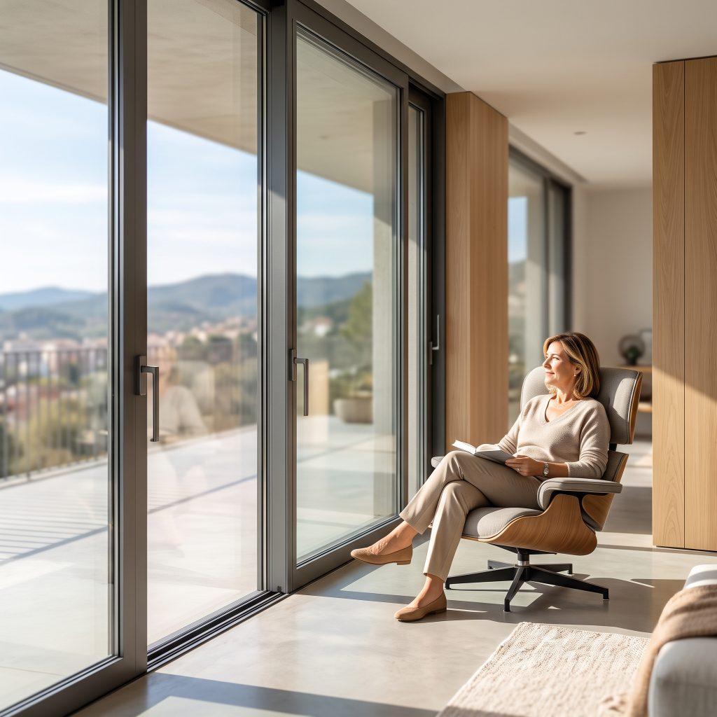 Ventanales Minimalistas para Propietarios (1) - Aluminios Marton. Mujer sentada en un sillón junto a una puerta corredera de aluminio minimalista que permite la entrada de luz natural.