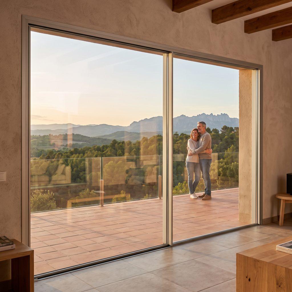 Pareja abrazada contemplando un paisaje montañoso desde su terraza a través de unas grandes puertas correderas de aluminio minimalista.