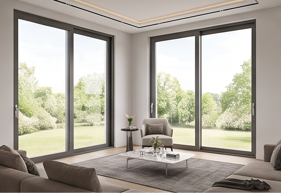 Salón luminoso con grandes balconeras correderas perimetrales de aluminio Serie E-18 ofreciendo vistas despejadas a un jardín arbolado.