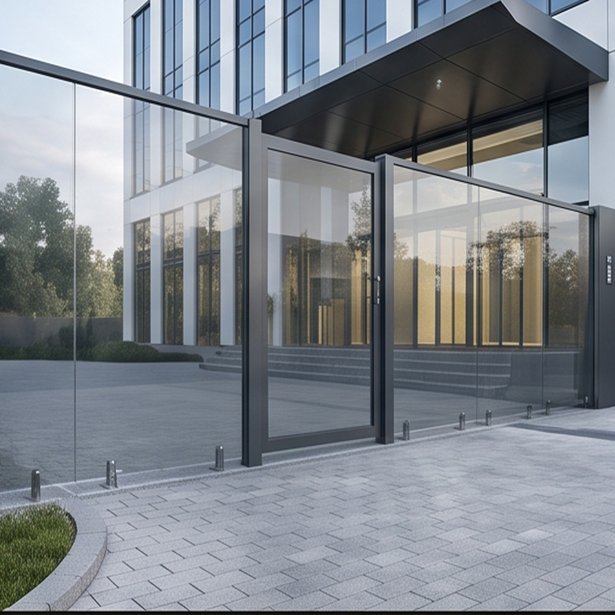 Texto alternativo: Fachada de un edificio de oficinas moderno con una entrada acristalada protegida por una barandilla de vidrio empotrada al nivel del suelo sin pilares visibles