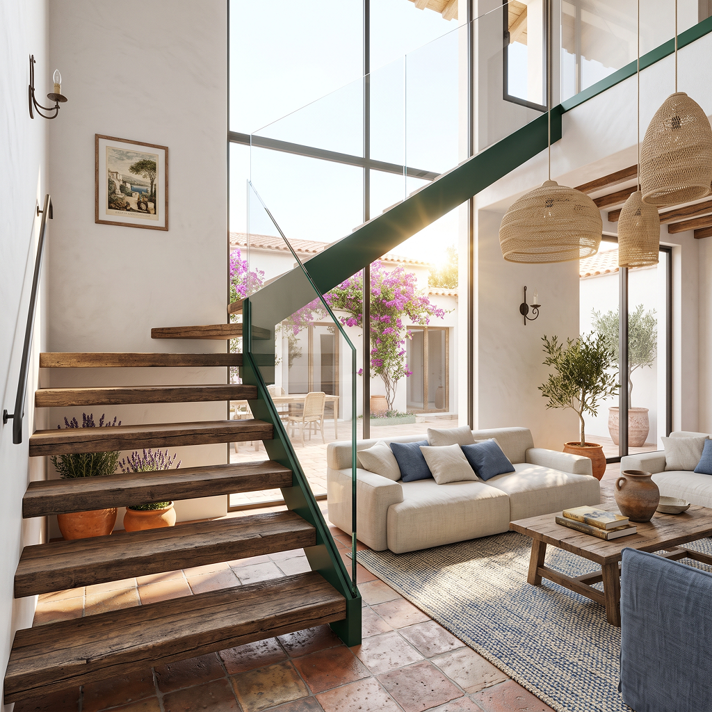 Escalera interior de madera en un salón rústico-moderno, protegida por una barandilla de vidrio continuo anclada a una base de aluminio verde oscuro.