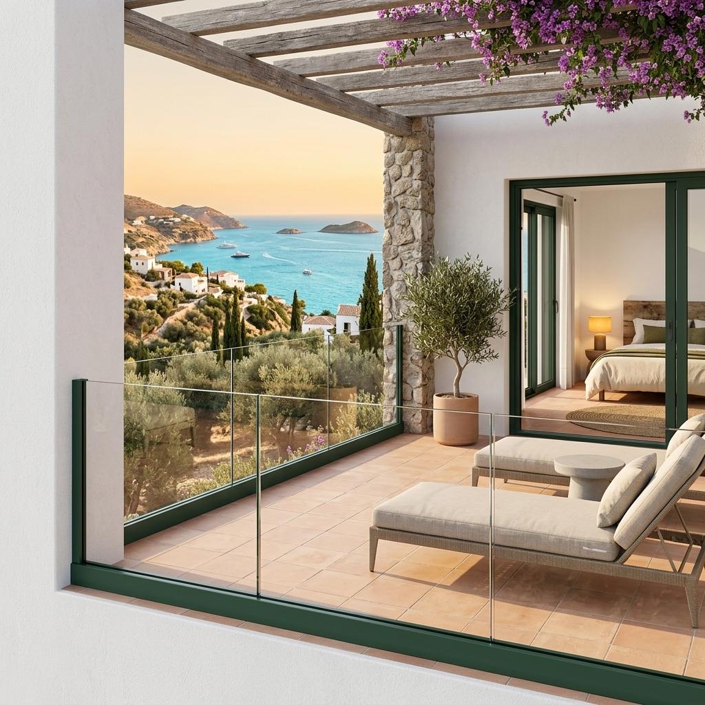 Terraza mediterránea de lujo con tumbonas y vistas al mar, delimitada por una barandilla panorámica de vidrio anclada sobre el forjado con un perfil de aluminio verde.