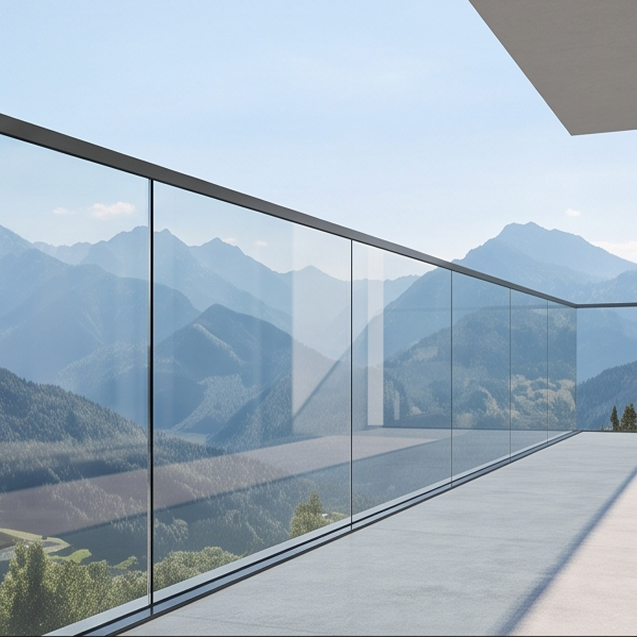 Terraza mirador con suelo de hormigón y una impresionante barandilla de vidrio continuo Serie E-50V anclada al suelo, ofreciendo vistas sin interrupciones a un paisaje montañoso.