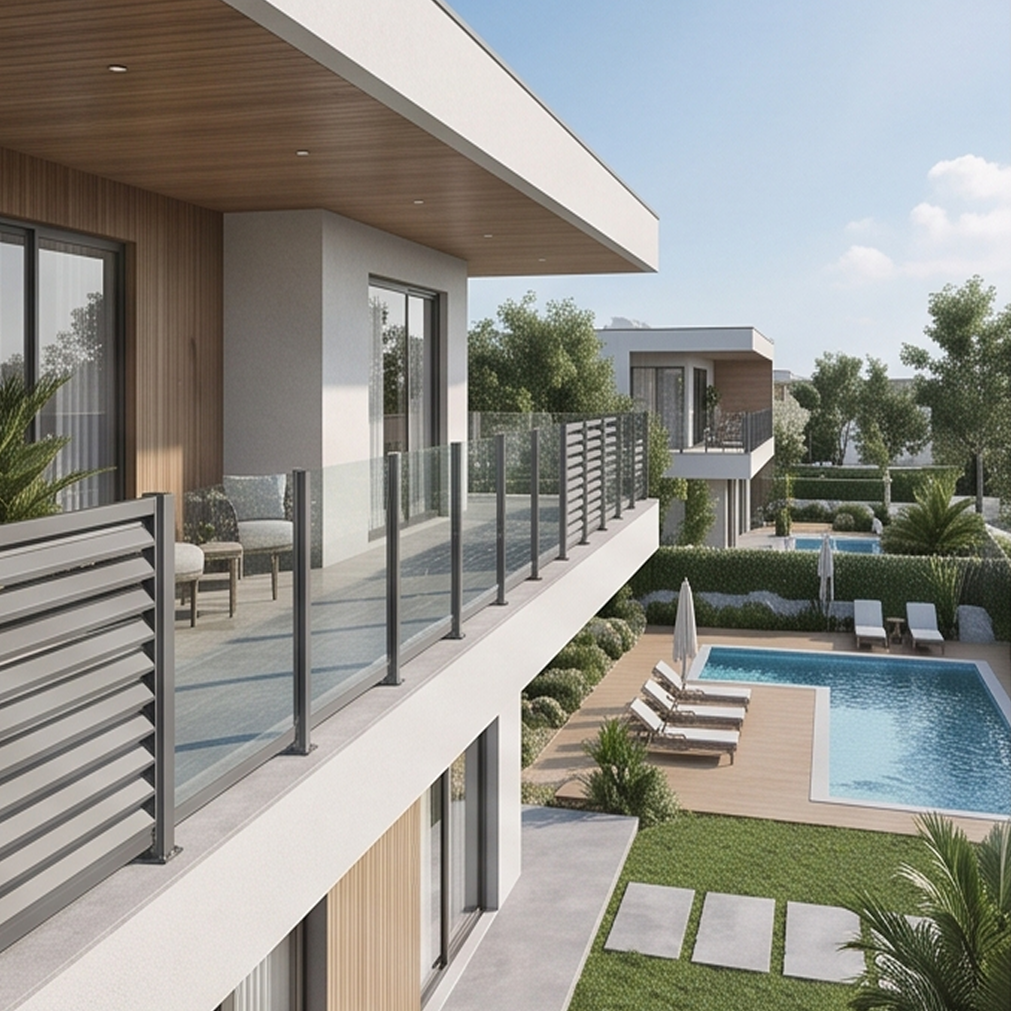 Balcón de una vivienda moderna de dos plantas asomando a una piscina, protegido por una barandilla Serie E-50 con pilares verticales, pasamanos superior y paneles de cristal