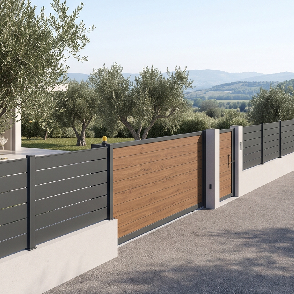 Cierre perimetral exterior completo combinando una puerta corredera de lamas con efecto madera, una puerta peatonal abatible y una valla de lamas horizontales grises, todo construido con la Serie E-120.