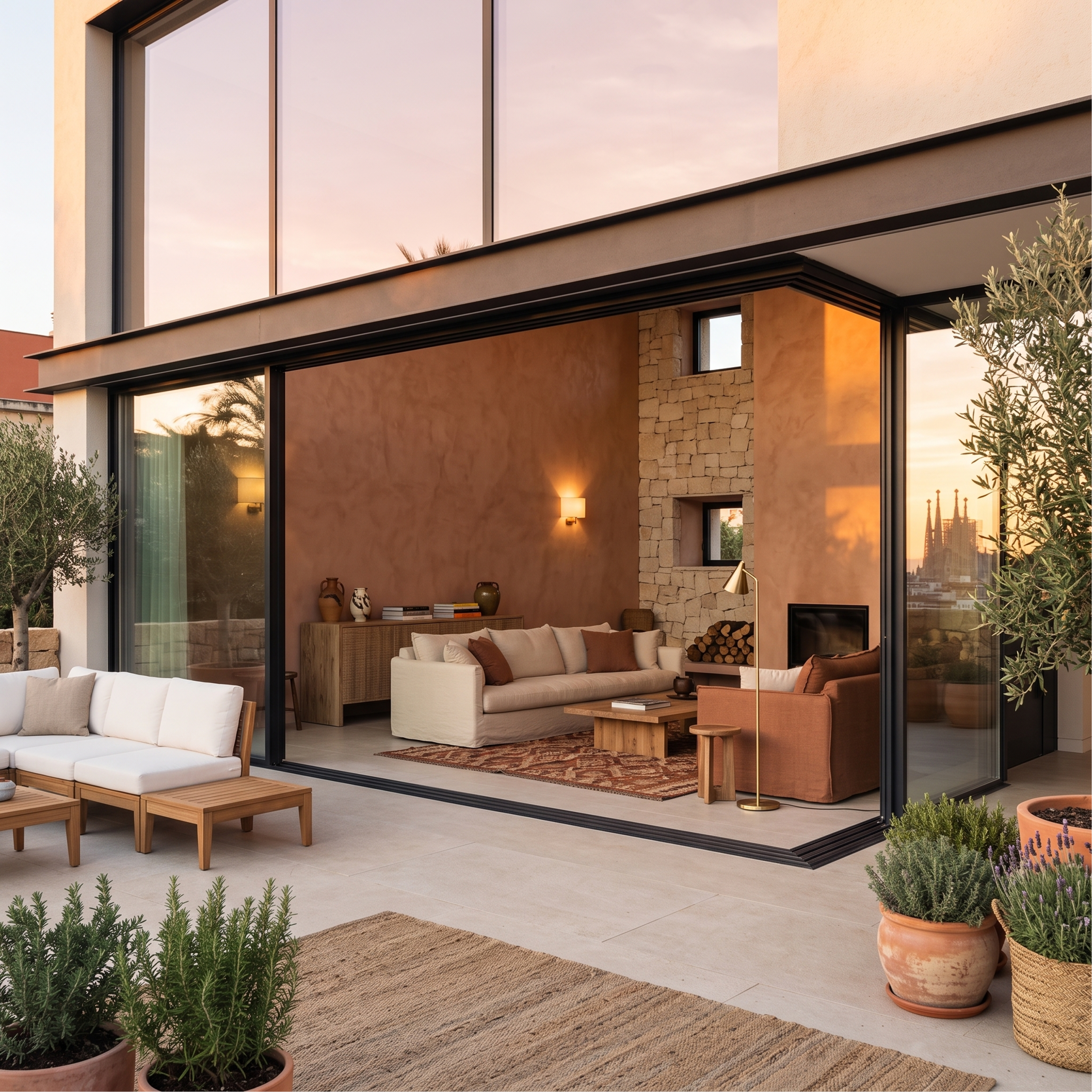 Salón moderno abierto a una terraza mediante una puerta corredera en esquina libre de pilares del sistema minimalista Serie E-150 M.