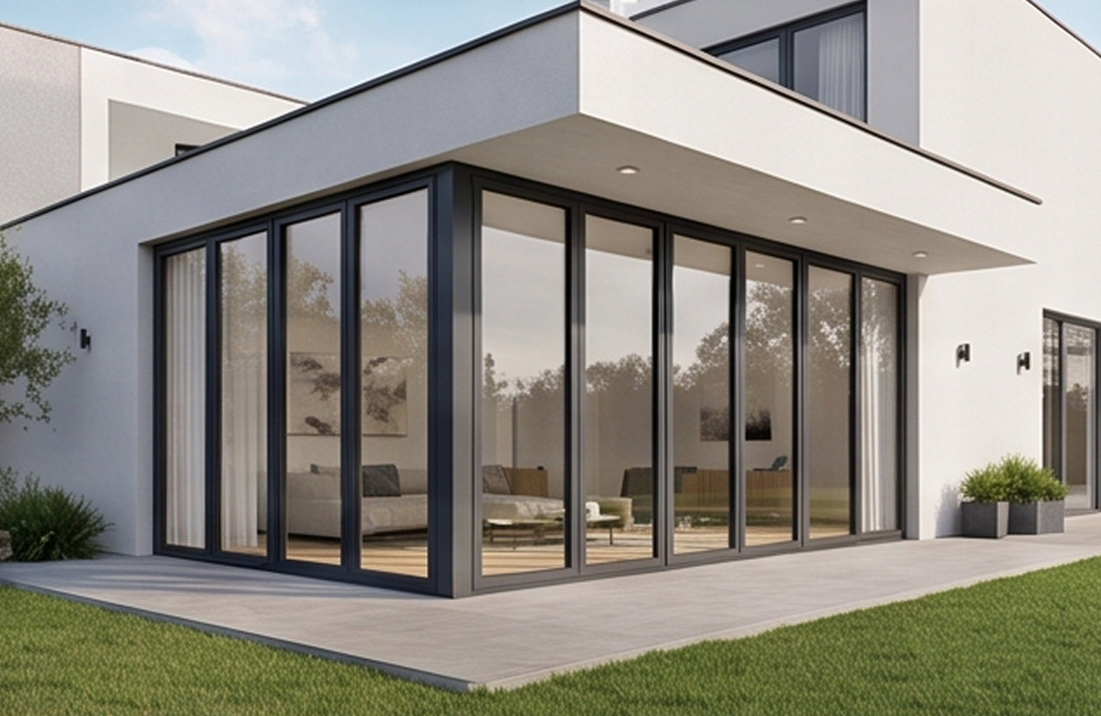 Vivienda unifamiliar de diseño moderno en color blanco con un gran cerramiento acristalado panorámico en esquina de la Serie E-75 P, conectando el interior con el jardín.