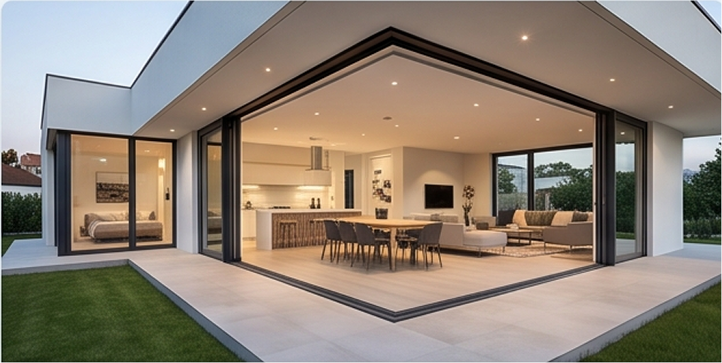 Villa contemporánea de una sola planta con grandes cristaleras correderas y ventanales fijos de aluminio oscuro integrados en la fachada blanca, iluminando el interior al atardecer.