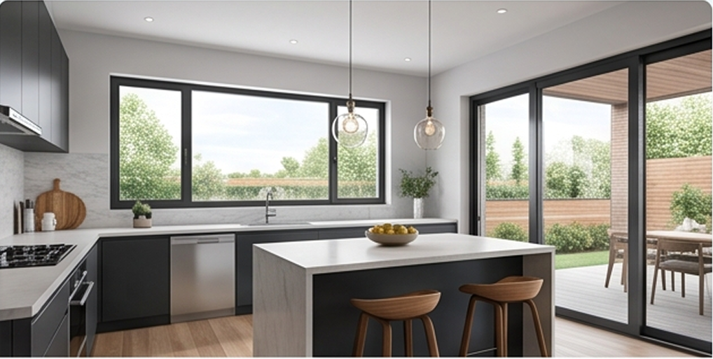 Cocina de diseño con ventanal fijo sobre la encimera y puertas practicables de acceso al jardín, ambas en aluminio negro de la Serie E-45.