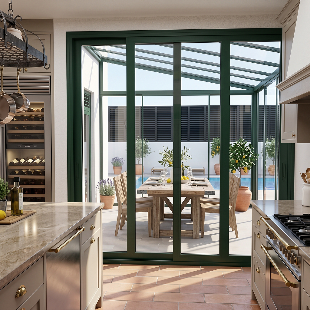 Cocina de diseño rústico-contemporáneo conectada a un comedor exterior acristalado y zona de piscina mediante una gran puerta corredera de aluminio lacado en verde oscuro.