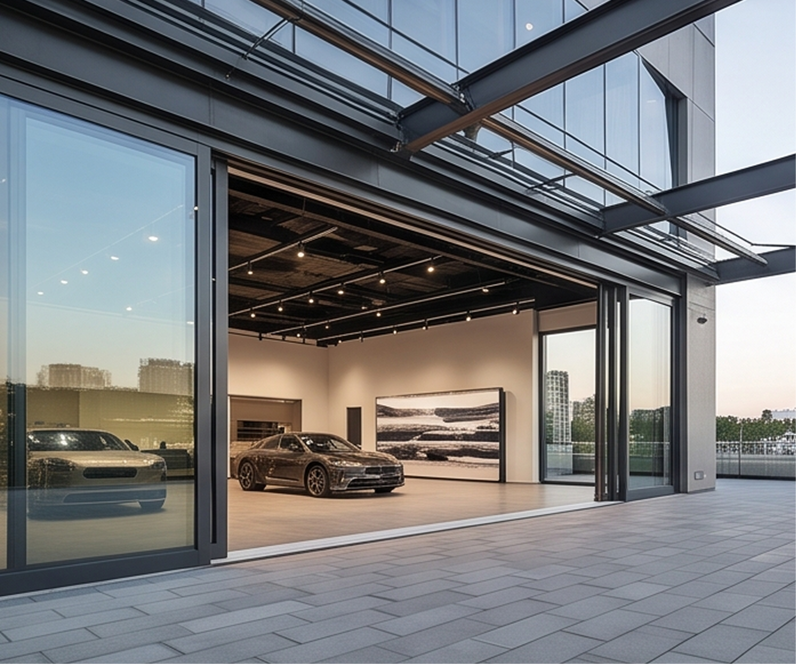 Concesionario de vehículos de lujo con una enorme puerta corredera elevable de la Serie E-80 completamente abierta hacia una amplia terraza exterior de diseño industrial.