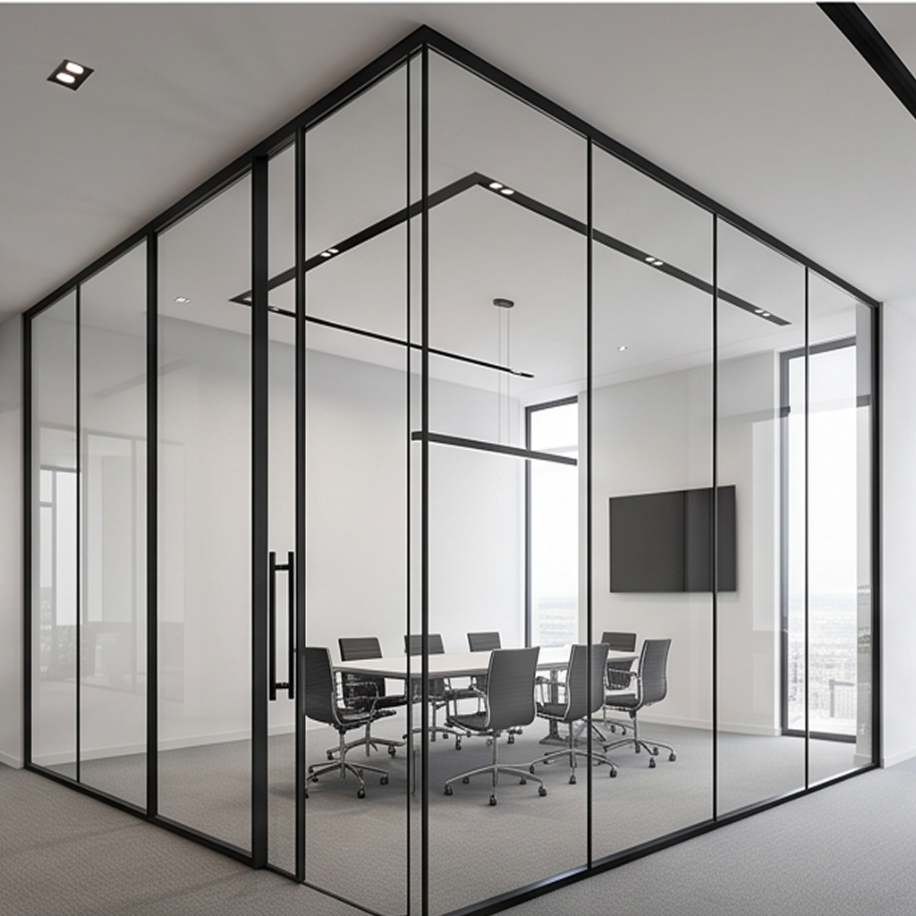Elegante sala de juntas separada del resto de la oficina mediante mamparas acristaladas de suelo a techo con perfilería de aluminio negro de la Serie E-36.