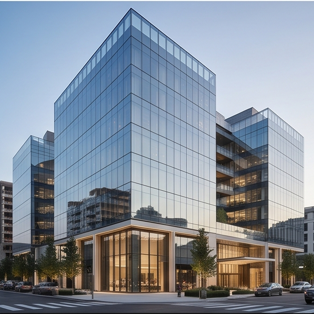 Moderno edificio de oficinas con fachada Semiestructural de aluminio, alternando paños de vidrio continuo vertical y franjas horizontales de revestimiento opaco.