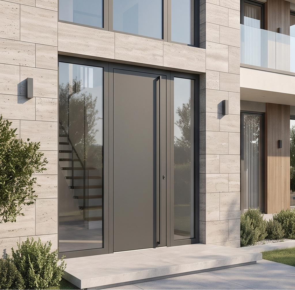 Puerta peatonal de acceso exterior en aluminio gris antracita mate con tirador vertical continuo, acompañada de paños fijos laterales acristalados.