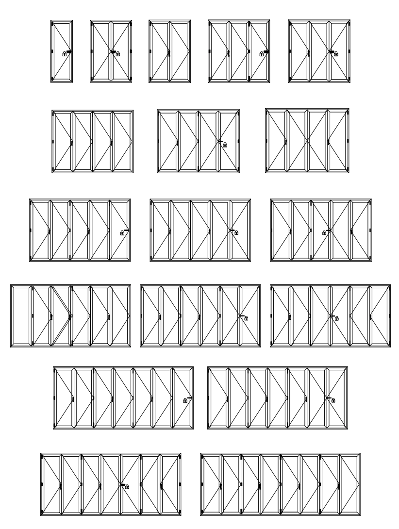 Esquemas técnicos de las configuraciones de apertura en acordeón para el sistema de puertas plegables E-160.