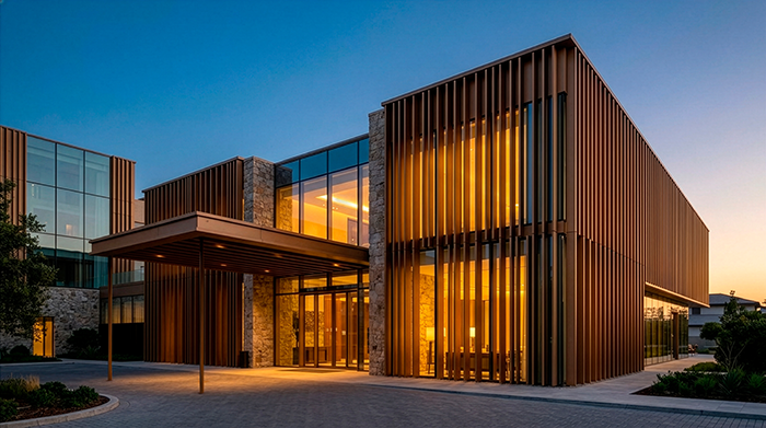 Fachada de un edificio corporativo al atardecer, revestida con perfiles tubulares de color bronce de la Serie E-170 e iluminada con luz cálida desde el interior de la perfilería.