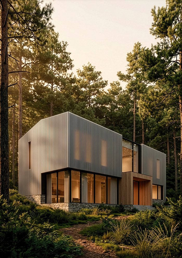 Fachada de una vivienda moderna rodeada de bosque, con la planta superior completamente revestida con lamas verticales de aluminio claro de la Serie E-170.